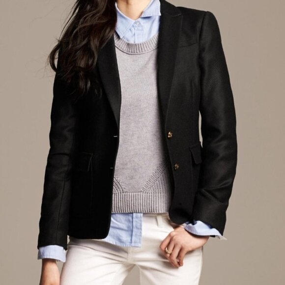 Banana Republic Black Wool H acking Jacket Blazer Sz 8 Tall Black Elbow patches - Picture 2 of 14